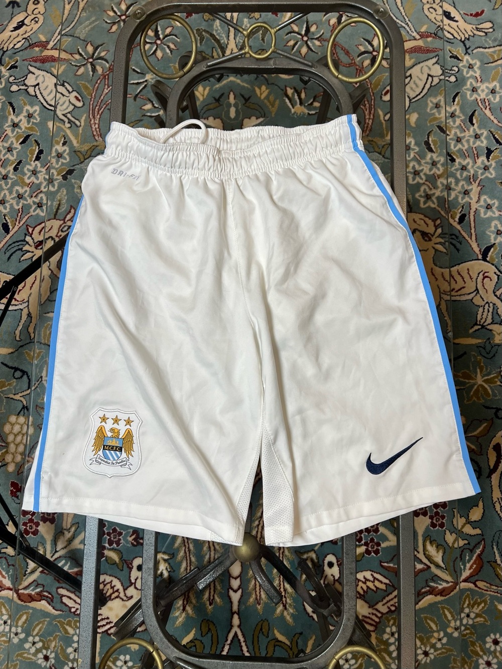 Nike Men’s White Athletic Messi Shorts with Light Blue Side Trim - Picture 2 of 9